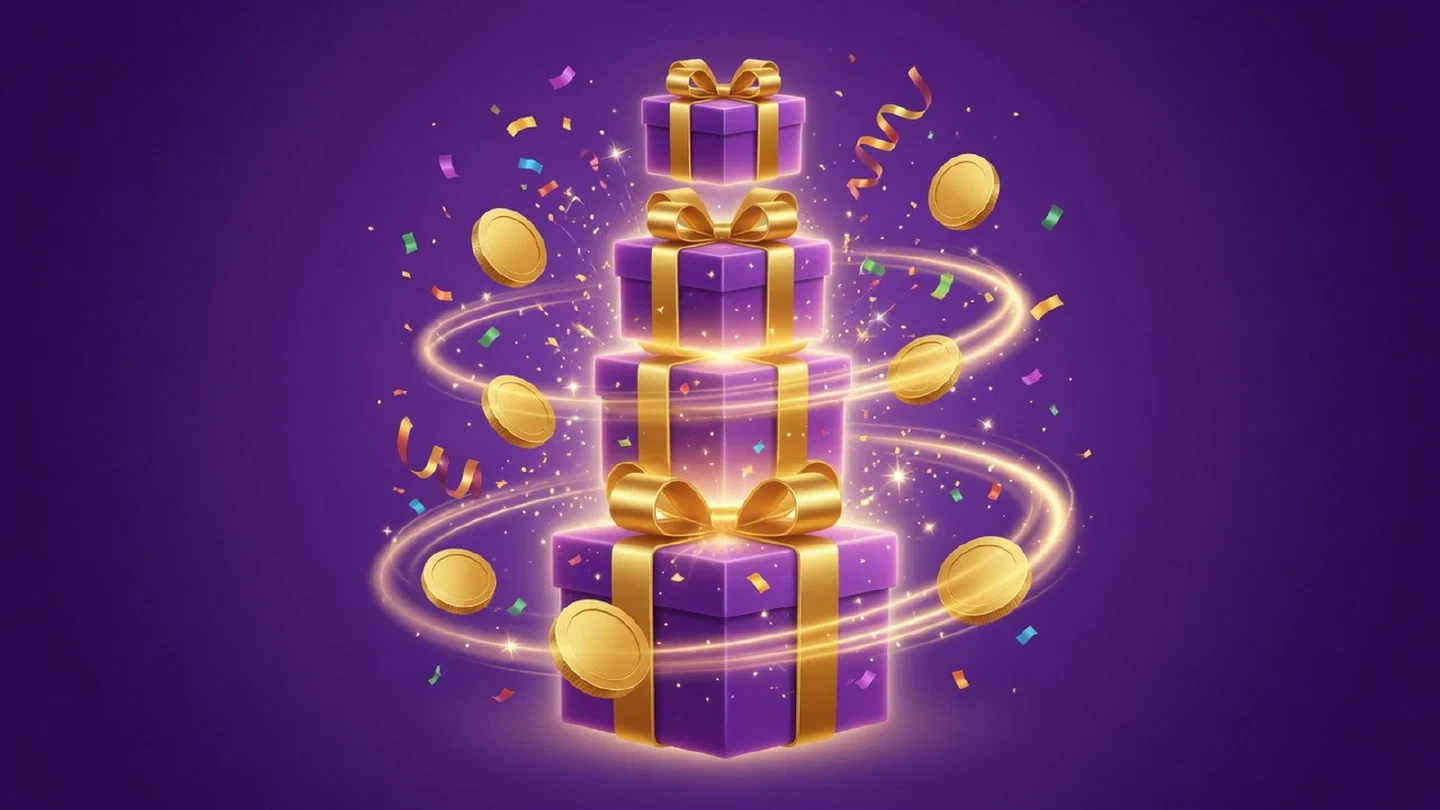 Cuatro cajas de regalo doradas de tamaño creciente con confeti