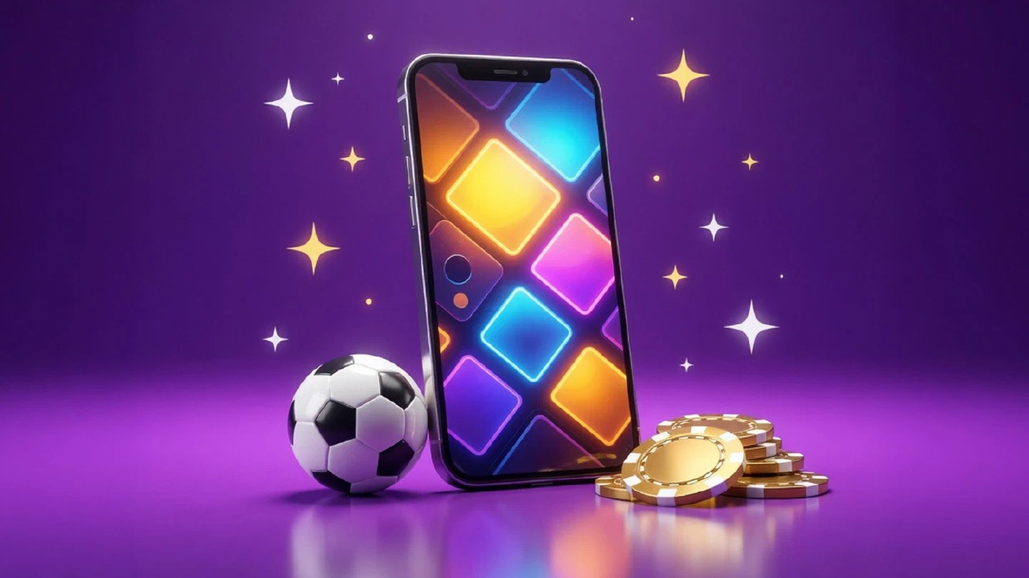 Celular con un lobby de casino colorido, fichas doradas y un balón de fútbol sobre fondo violeta