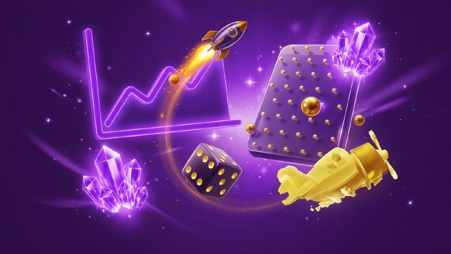 Íconos de juegos rápidos: gráfico de crash, plinko, cristales y dados